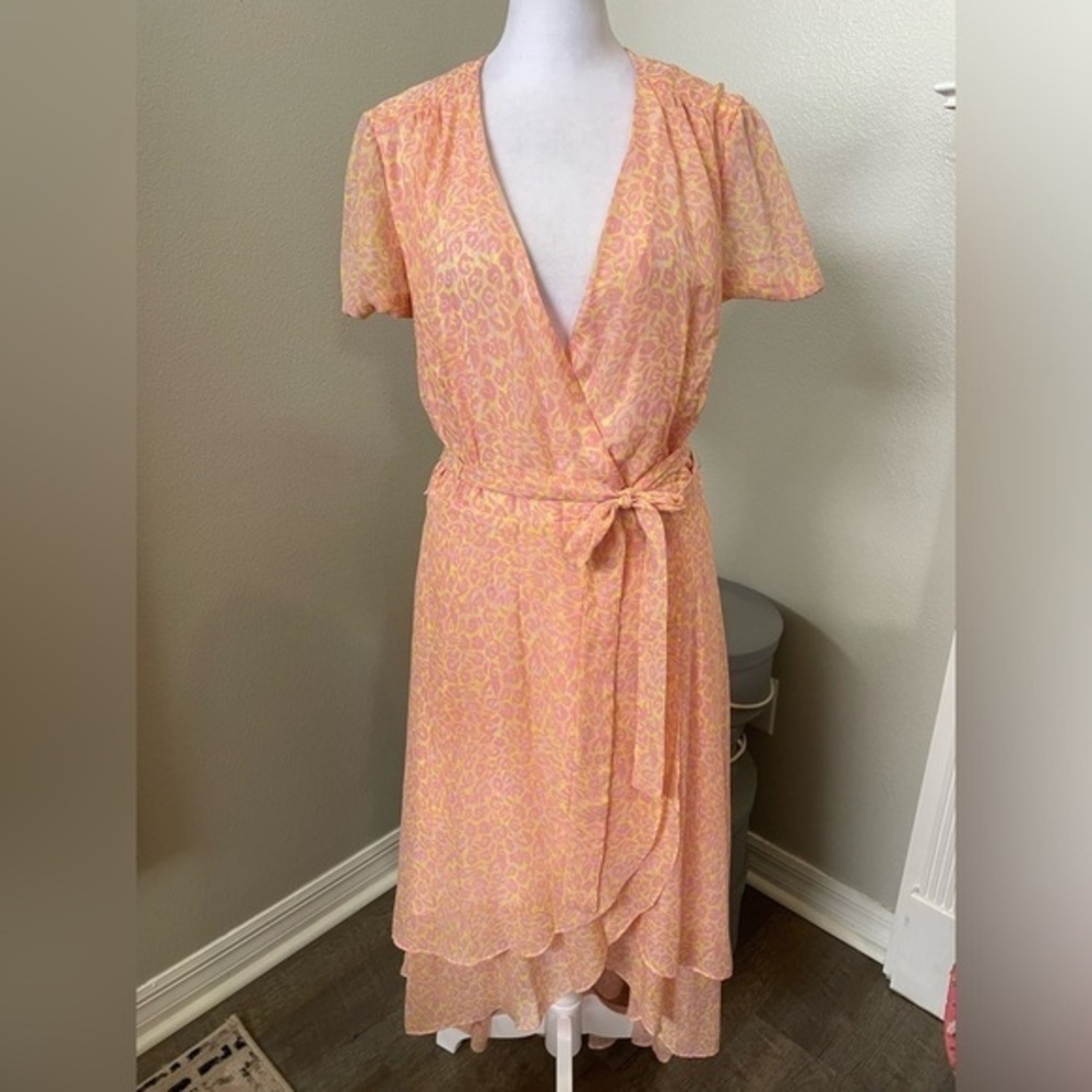 Betsey Johnson Call Of The Wild Pink Yellow Leopard Chiffon Wrap Dress